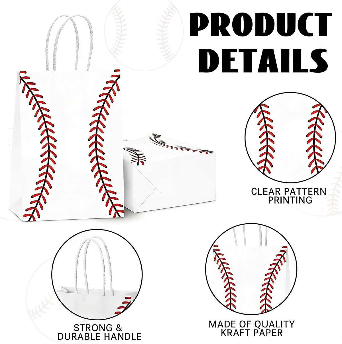 Kraft Paper Baseball Party Favor Bags with Handles 12pcs 8.3x5.8in