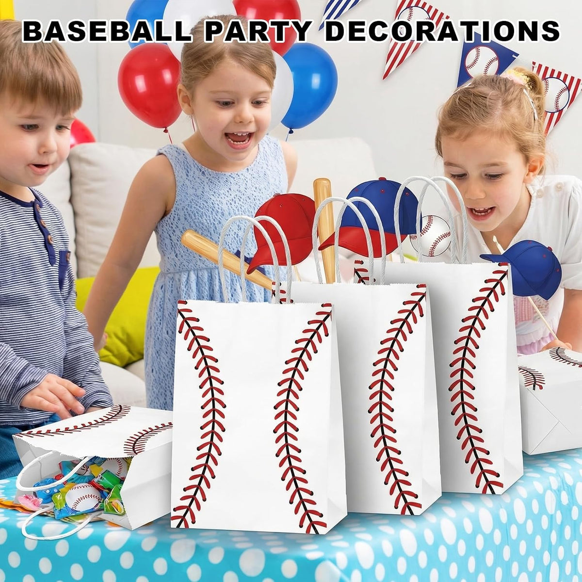 Kraft Paper Baseball Party Favor Bags with Handles 12pcs 8.3x5.8in
