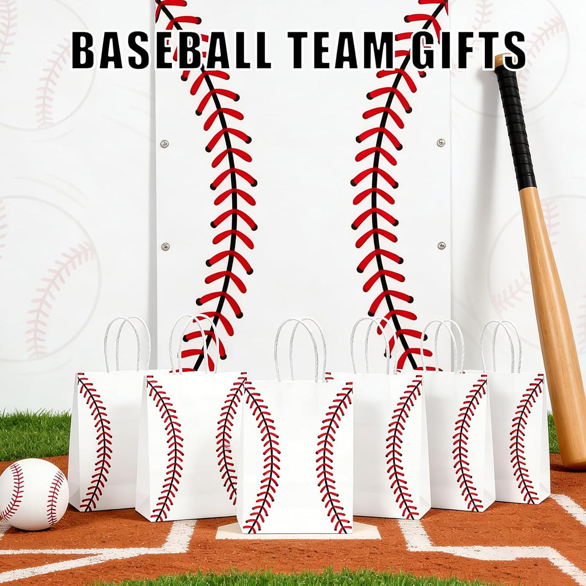 Kraft Paper Baseball Party Favor Bags with Handles 12pcs 8.3x5.8in